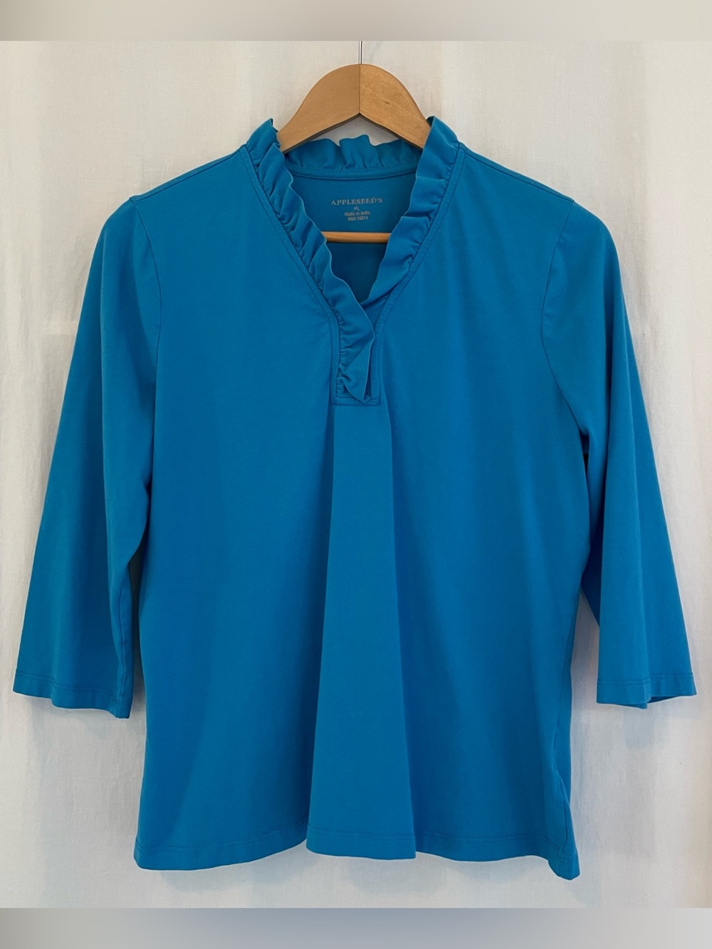 Appleseed's Blue Ruffle V-Neck 3/4 Sleeve Top